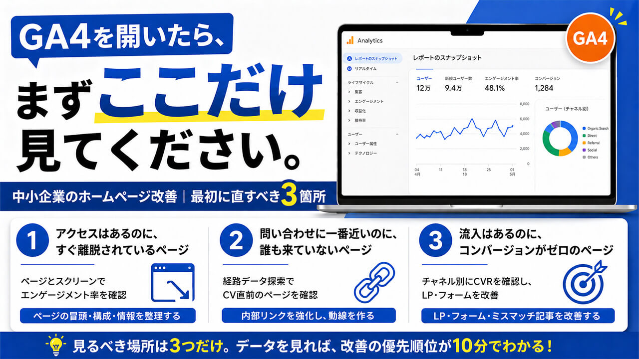 GA4を開いたら、まずここだけ見てください。中小企業のホームページ改善｜最初に直すべき3箇所