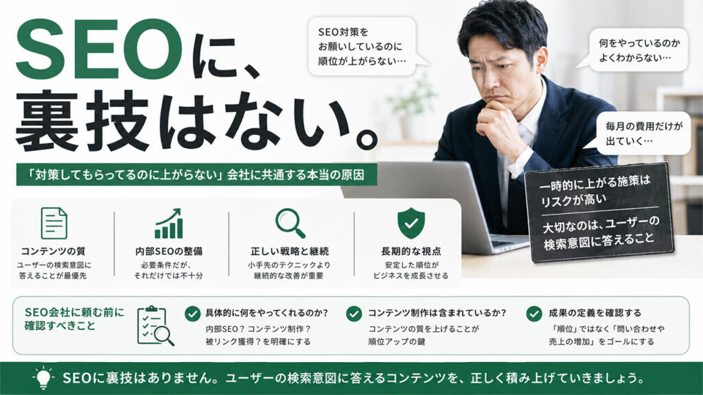 SEOに、裏技はない。「対策してもらってるのに上がらない」会社に共通する本当の原因